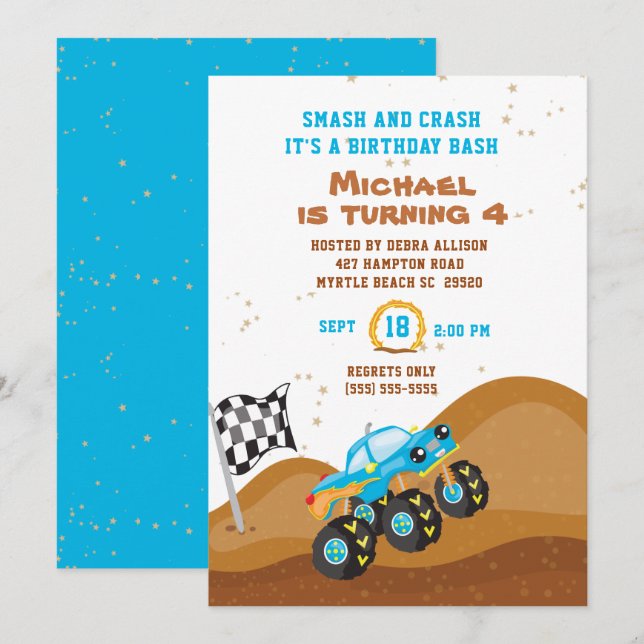 Invitation Blue Monster Truck 4th Birthday Racing (Devant / Derrière)