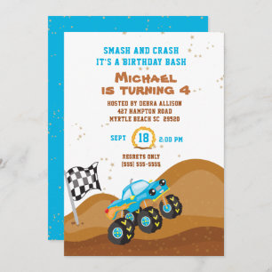 Invitation Blue Monster Truck 4th Birthday Racing