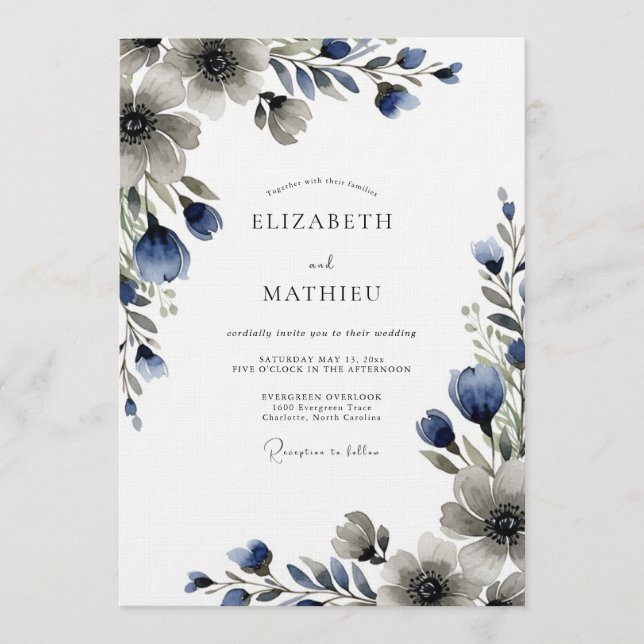 Invitation Blue Moody Floral Wedding (Devant)