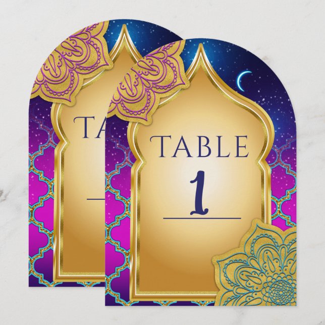 Invitation Blue Moon Arabe Nights Glam Gold Table Numéro (Devant / Derrière)