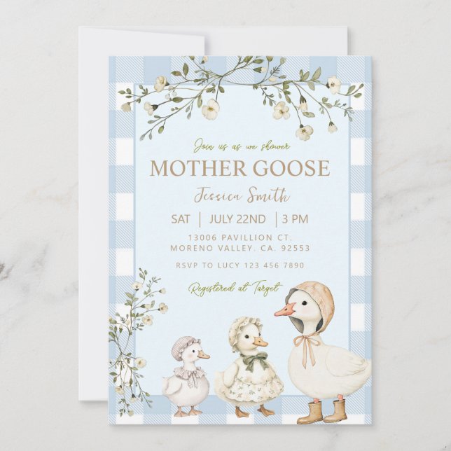 Invitation Blue Mother Goose Baby Shower Gender Boy (Devant)