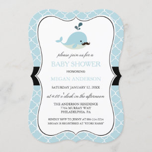 Invitation Blue Mustache Whale Cute Boy Baby shower