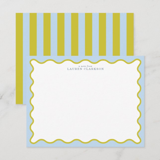 Invitation Blue & Mustard Wavy Border Note Card (Devant / Derrière)