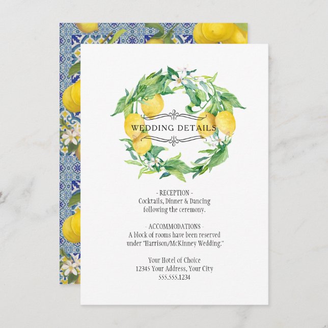 Invitation Blue n White Lemon Floral Folio Détails du Mariage (Devant / Derrière)