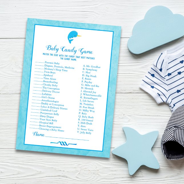 Invitation Blue Narwhal Baby Candy Baby shower Jeu (Créateur téléchargé)