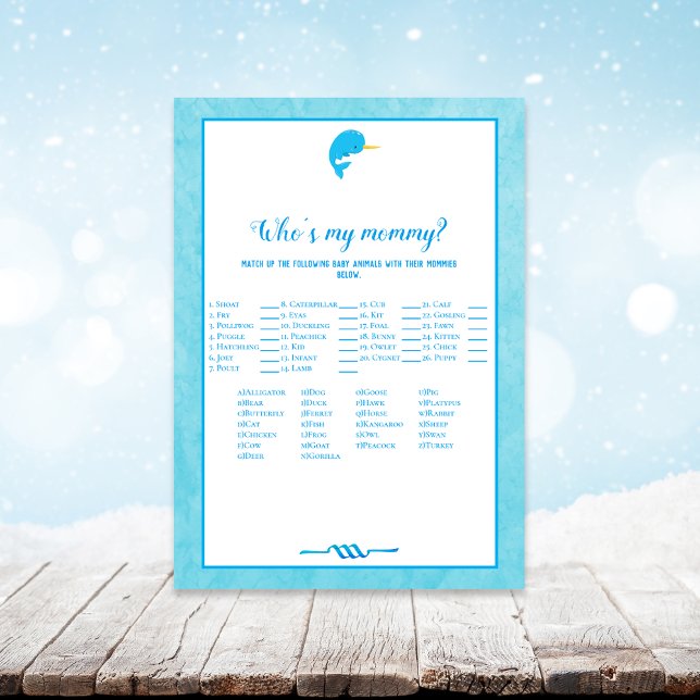 Invitation Blue Narwhal Who's My Mommy Baby shower Game (Créateur téléchargé)