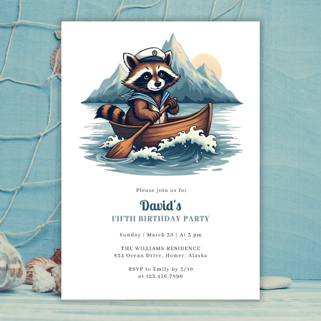 Invitation Blue Nautical Cute Fishing Raccoon Anniversaire (Blue Nautical Cute Fishing Raccoon Birthday Party Invitation)