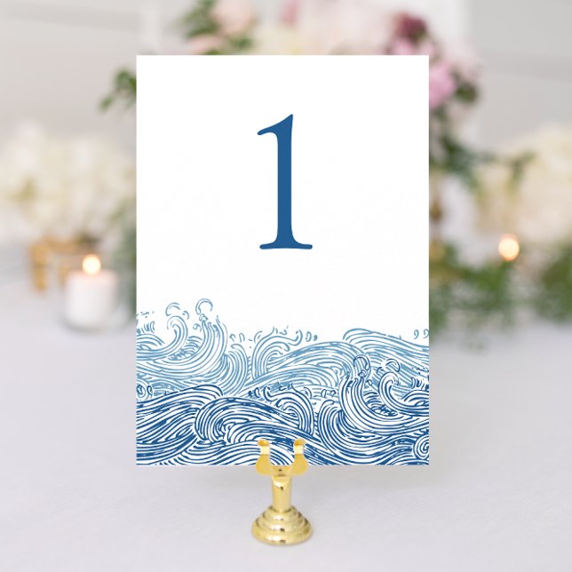 Invitation Blue Nautical Ocean Waves Mariage Numéro de tablea (Blue Nautical Ocean Waves wedding table numbers from Concertina Press)