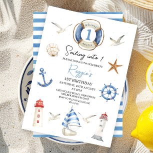 Invitation Blue Nautical vole en un 1er anniversaire