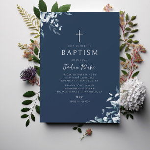 Invitation Blue Navy Boy Stylish Baptême Moderne