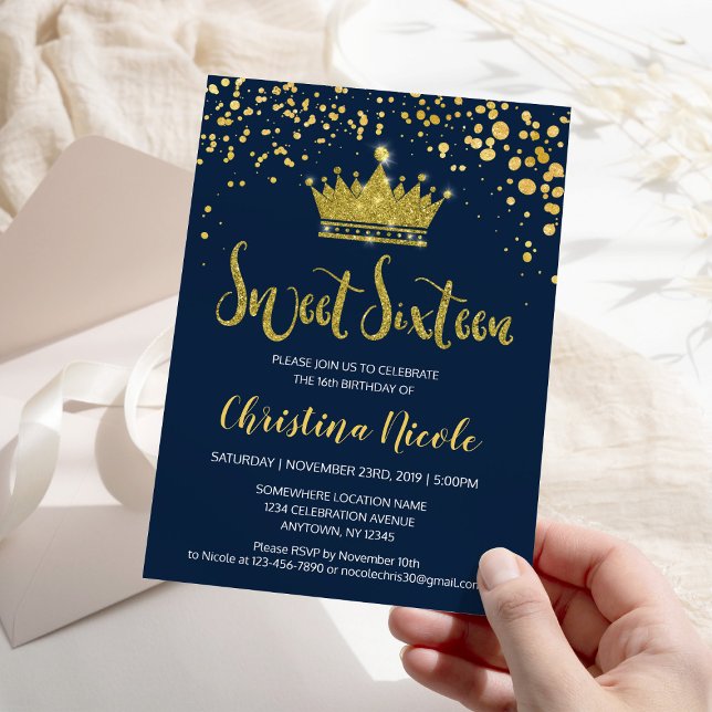 Invitation Blue Navy Gold Confetti Elegant Sweet 16 (Créateur téléchargé)