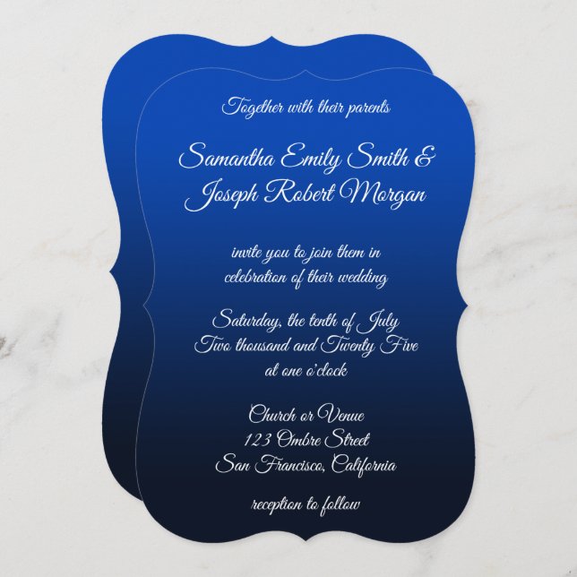 Invitation Blue Navy Ombre Elegant Mariage de calligraphie (Devant / Derrière)