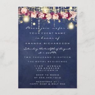 Invitation Blue Navy Rustic Gold Lumières Jar Mariage