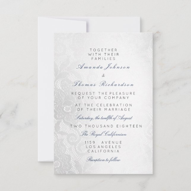 Invitation Blue Navy Silver Grey Lace Mariage Floral (Devant)