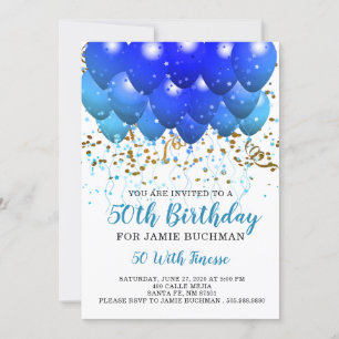Invitation Blue Neon Balloons Confetti 50e fête d'anniversair