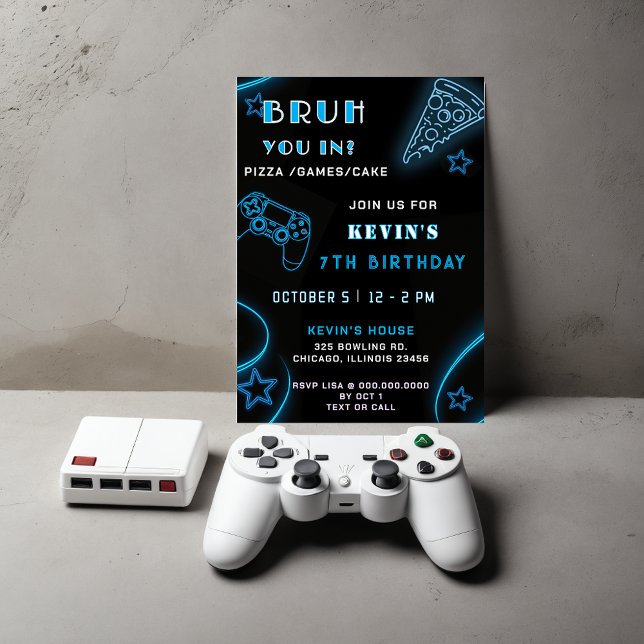 Invitation Blue Neon Glow Pizza Jeux Bruh Anniversaire (Blue Neon Glow Pizza Games Bruh Birthday Invitation)