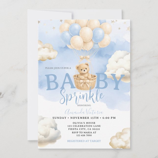 Invitation Blue Neutral Bear Cloud Balloon Baby Shower (Devant)