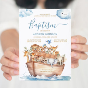 Invitation Blue Noah's Ark mignon Animaux Aquarelle Baptême