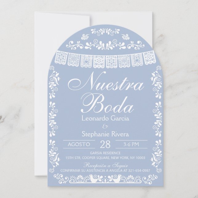 Invitation Blue Nuestra Boda Papel Picado Spanish Wedding (Devant)