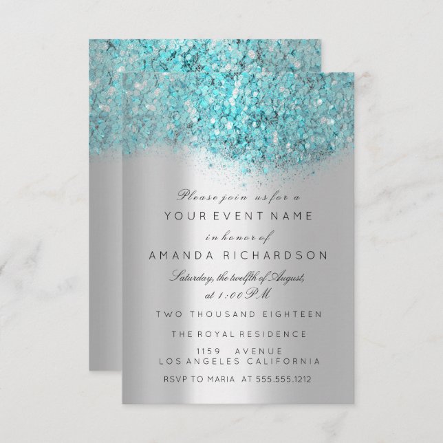 Invitation Blue Ocean Confetti Silver Grey Bridal Sweet 16e (Devant / Derrière)
