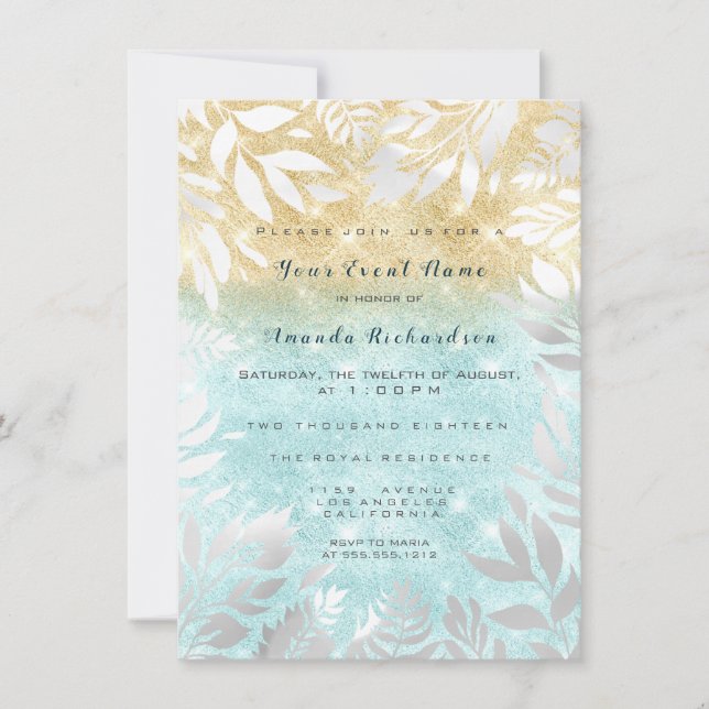 Invitation Blue Ocean Gold Parties scintillant Ombre Floral S (Devant)