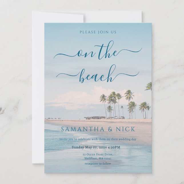 Invitation Blue Ocean Palm Tree Beach Wedding (Devant)