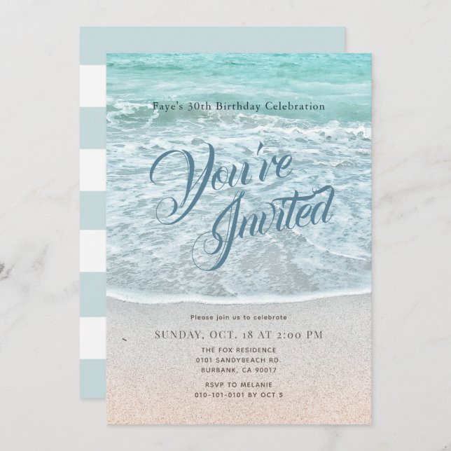 Invitation Blue Ocean Sandy Beach Turquoise Anniversaire (Devant / Derrière)