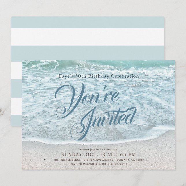 Invitation Blue Ocean Sandy Beach Turquoise Anniversaire (Devant / Derrière)