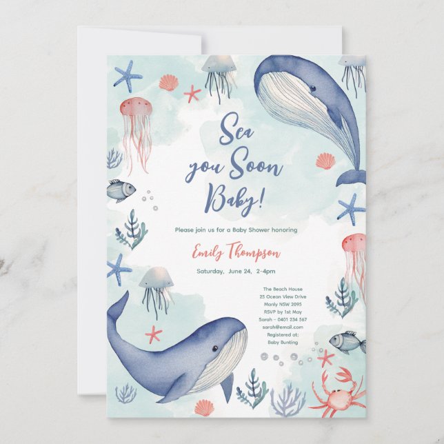 Invitation Blue Ocean Sea You Soon Summer Baby Shower  (Devant)