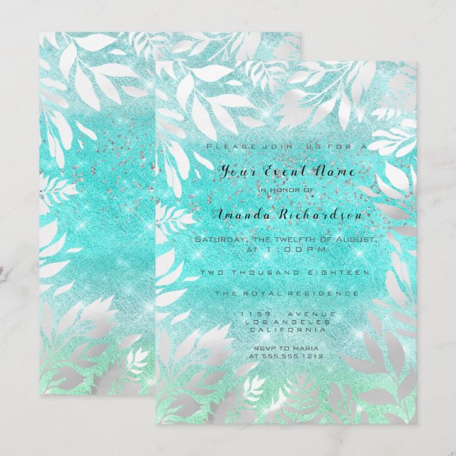 Invitation Blue Ocean Sky Parties scintillant Ombre Floral Fr (Devant / Derrière)