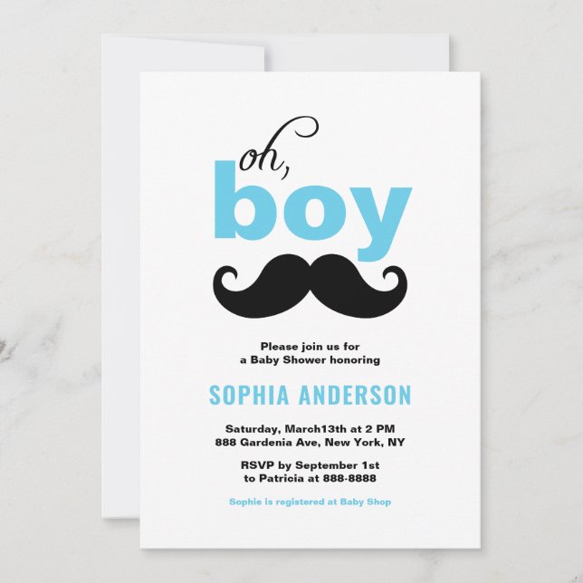 Invitation Blue Oh c'est un garçon Mustache Baby shower Invit (Devant)