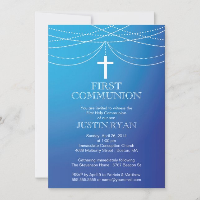 Invitation Blue Ombre Garland Cross Boy Communion moderne (Devant)