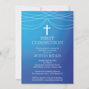 Invitation Blue Ombre Garland Cross Boy Communion moderne