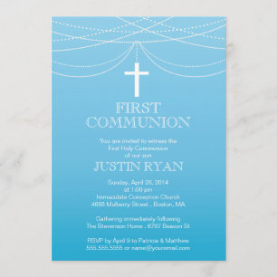 Invitation Blue Ombre Garland Cross Boy Communion moderne
