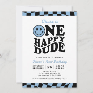 Invitation Blue One Happy Dude Preppy Smile Boy 1er anniversa