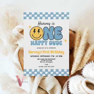 Invitation Blue ONE HAPPY DUDE Smile Retro Super Anniversaire