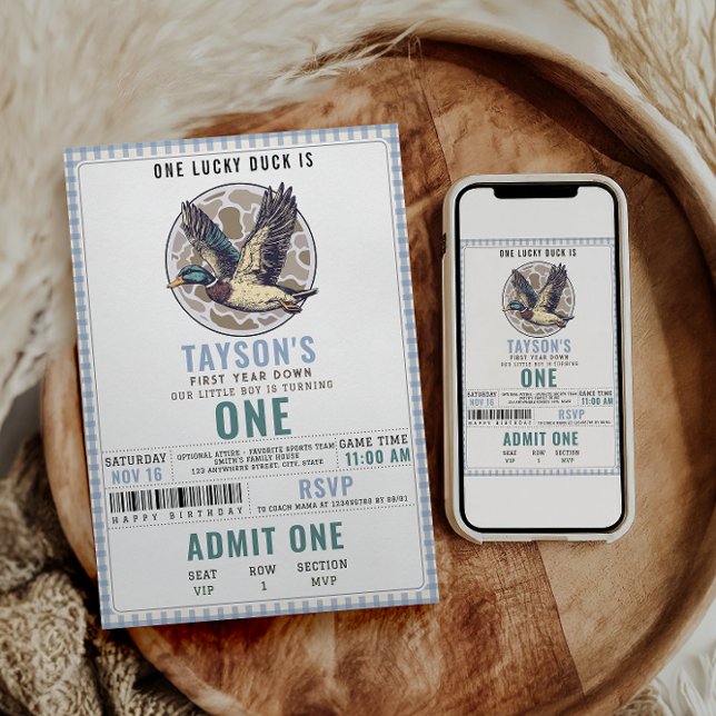 Invitation Blue One Lucky Duck 1st Birthday | Cute Duck (Créateur téléchargé)