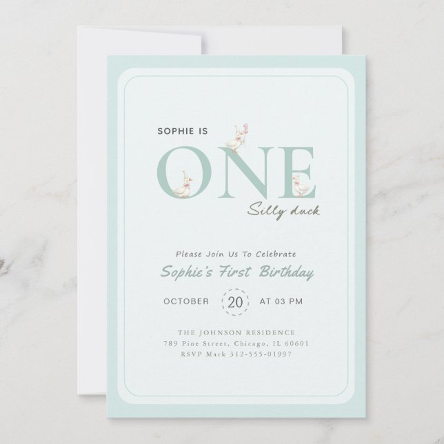 Invitation Blue One Silly Duck Bow Baby First Birthday (Devant)