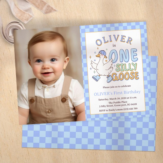 Invitation Blue One Silly Goose - Boy 1st Birthday Photo (Blue One Silly Goose - Retro Boy First Birthday Photo Invitation.)