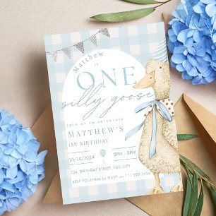 Invitation Blue One Silly Goose En vichy 1er anniversaire