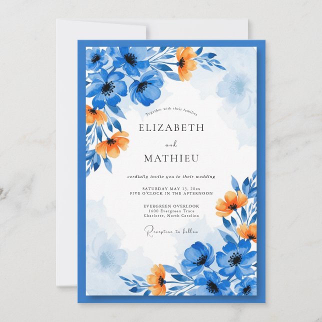 Invitation Blue Orange Artistic Floral Wedding (Devant)