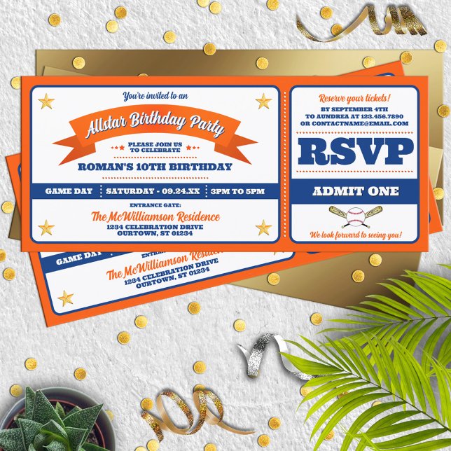 Invitation Blue & Orange Baseball Allstar Ticket Birthday (Créateur téléchargé)