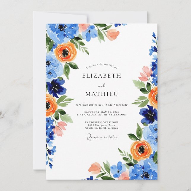 Invitation Blue Orange Blooming Spring Wedding (Devant)