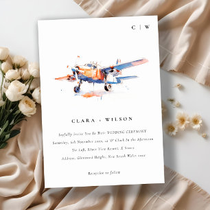 Invitation Blue Orange Blush Aquarelle Air Plane Mariage