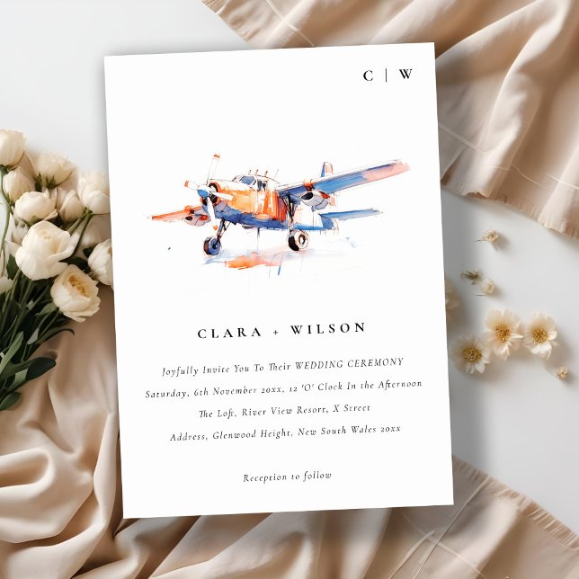 Invitation Blue Orange Blush Aquarelle Air Plane Mariage (Créateur téléchargé)