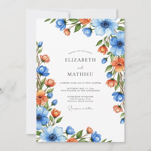 Invitation Blue Orange Botanical Romance Wedding (Devant)