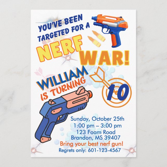 Invitation Blue Orange Boys BD Party- Nerf War 10th Birthday (Devant)