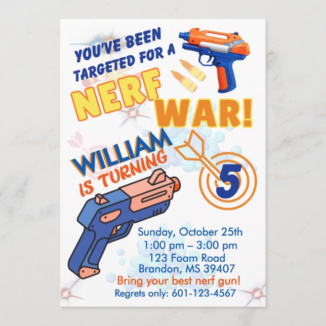 Invitation Blue Orange Boys BD Party- Nerf War 5th Birthday (Devant)