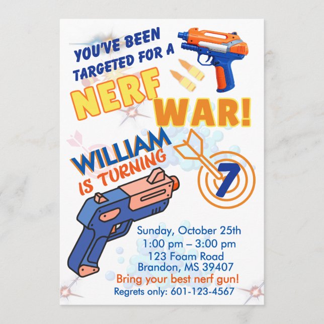 Invitation Blue Orange Boys BD Party- Nerf War 7th Birthday (Devant)