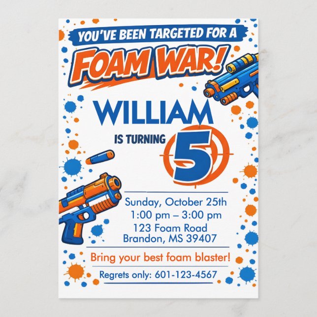 Invitation Blue Orange Boys Party- Foam Blaster 5th Birthday (Devant)